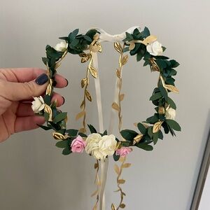 Floral Green and Gold Hair Wreath